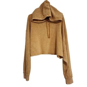 Aeropostale Cropped Pullover Hoodie Sweatshirt Raw Edge Long Sleeve Gold Mustard